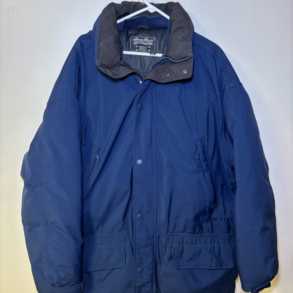 Eddie Bauer Goose Down Jacket Puffer Parka Hooded Blue Vintage Wool Gore… - Picture 1 of 15